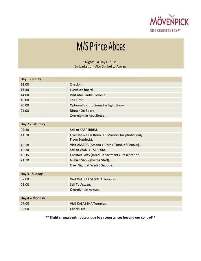 Moevenpick Prince Abbas Lake Nasser Cruise, Every Monday Four Nights From Aswan, Every Friday Three Nights From Abu-Simbel - Including Excursions And Sightseeing 埃及